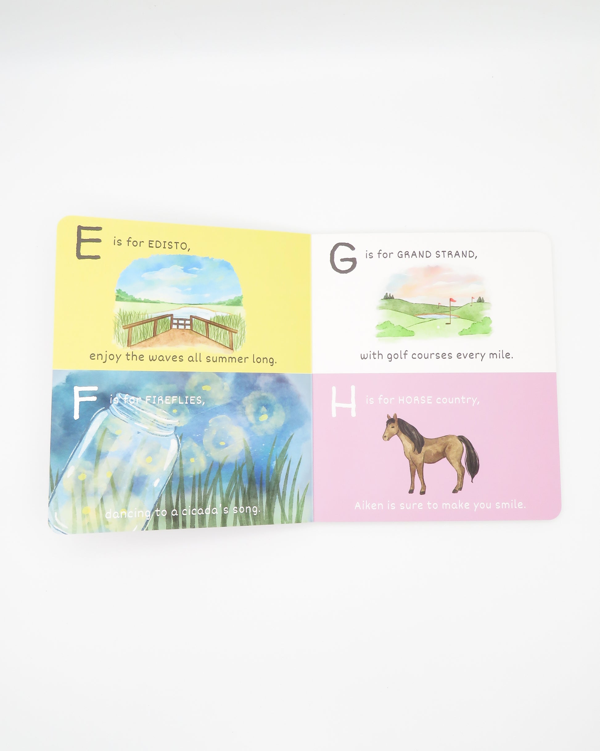 ABC book with letters E, G, F, and H and corresponding illustrations on a white background.